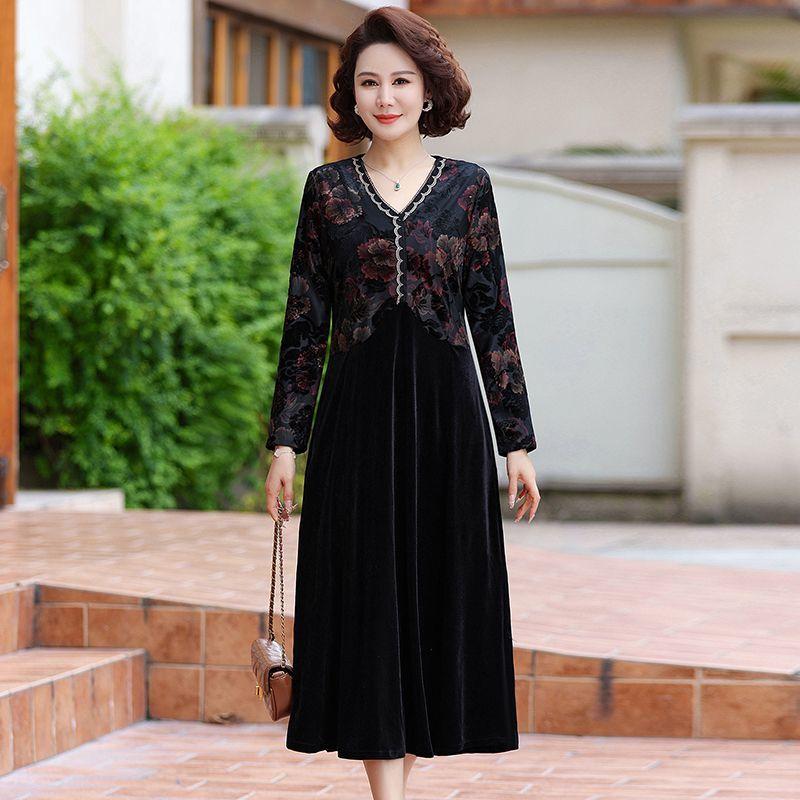 

Жіноча сукня великого розміру Весна/осінь Вінтажна з принтом Золота оксамитова сукня Вільна з V-подібним вирізом А-силуету Довга сукня 6XL чорний