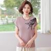 Chic Round Neck Embroidered Short Sleeve Knit Top for Mothers - Loose Fit Summer Wear for Middle-Aged Women