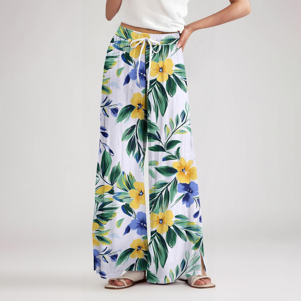 Women's Loose Casual Floral Print Wide Leg Pants With Elastic Waist Drawstring And Pocket Pants