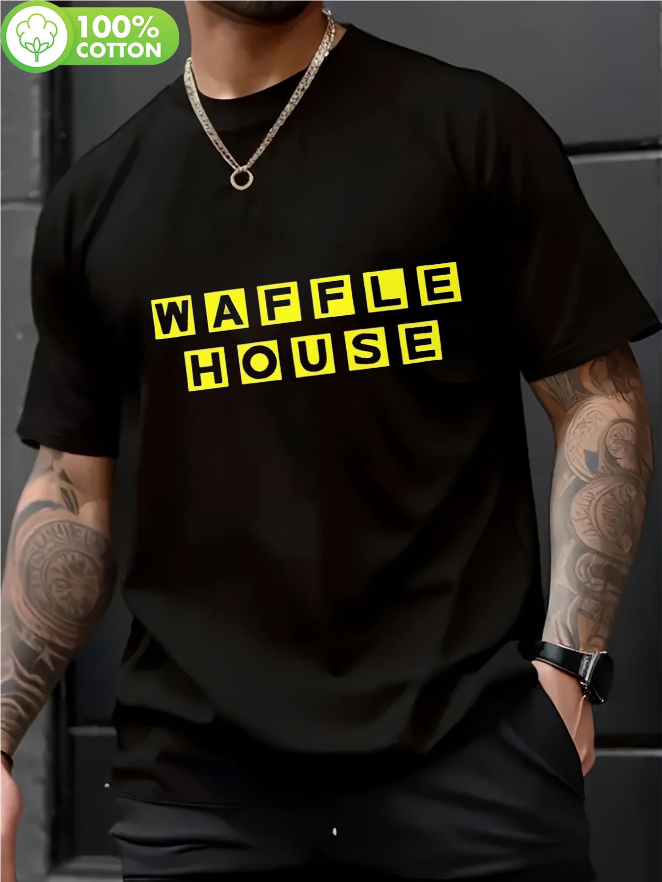 

Vintage Waffle House Graphic T-shirt - 180g Soft Cotton Black Tee with Bold Yellow Print XXXL