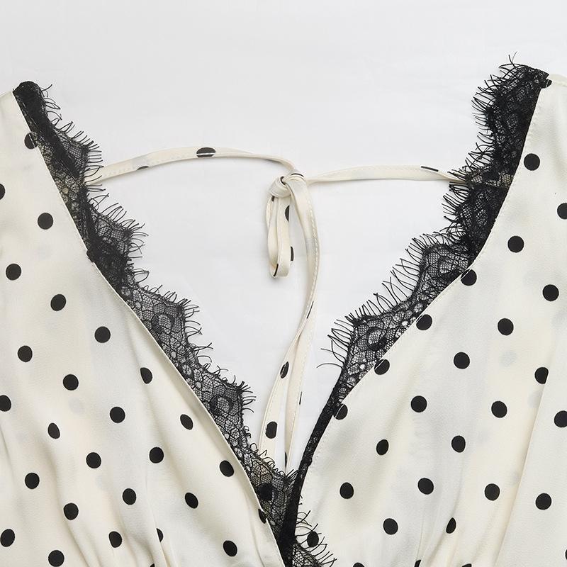 Maxi Abito a Pois in Pizzo con Scollo a V e Maniche a Sbuffo Stile Vacanza Francese