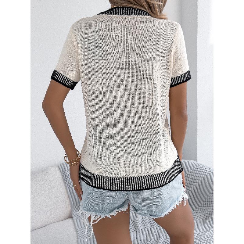 2026 Spring/Summer Casual Color-Block Striped Pocket Short-Sleeve Women's Versatile Knit Sweater