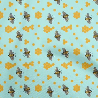 Cotton Poplin Aqua Blue Fabric Honey Bees Craft Projects Decor Fabric Printed By The Yard 42 Inch