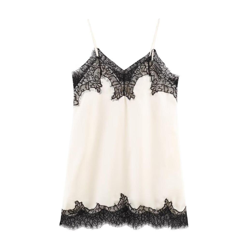 European-American Style Women's Satin Lace Camisole - Autumn 2025 Collection, Color Block Design