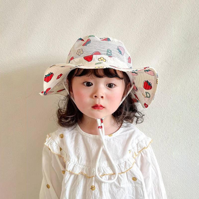 6-8Y Kids Summer Mesh Breathable Fisherman Hat Sweet Floral Strawberry Print Children Girls Sunshade Panama Cap Wide Brim Sunscreen Bucket Hats