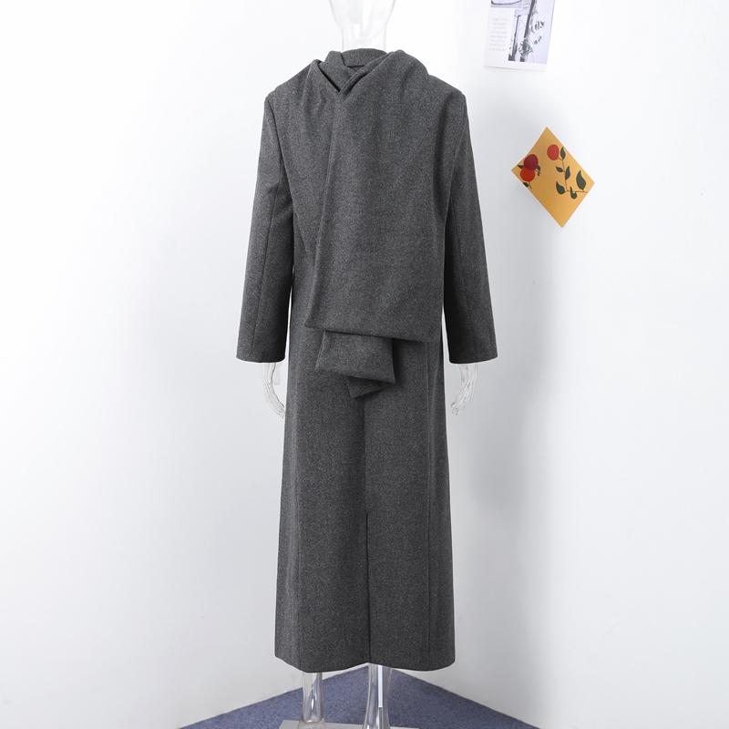 Casaco de lã com gola cachecol chique de cor sólida, bolsos elegantes, jaquetas trespassadas, novo vestuário feminino grande