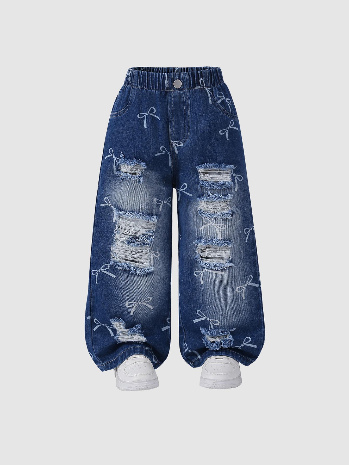

Single piece Little Girl Cowboy Playful and Cute Bow Element Personalized Street Sweet Piercing Cowboy Pants Spring/Summer New Collection 4Y темно-синий