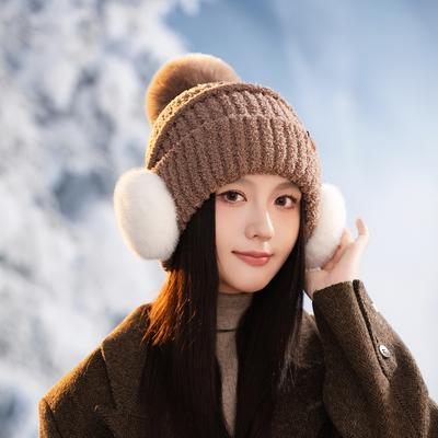 Outdoor Travel Autumn and Winter Warm Thickened Knitted Hat Women's Solid Color Ear Protection Hairball Hat