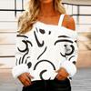 Women's Off-the-shoulder Plush Neck Printed Long-sleeved Pullover T-shirt Top