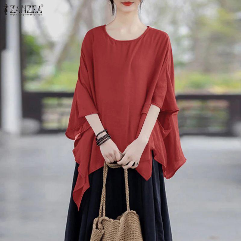 

ZANZEA Женская повседневная блузка с круглым вырезом, летняя, с рукавом до локтя, с неровным подолом L вино красного