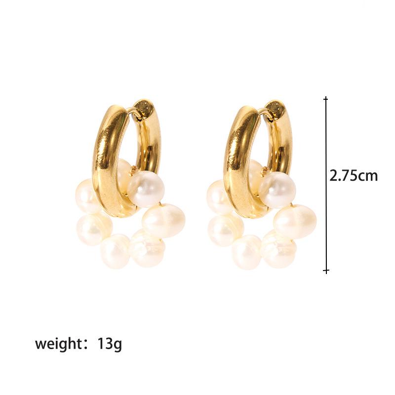 Pearl Drop Earrings For Women Gold Color Stainless Steel Freshwater Pearl Hoop Ear Accessory