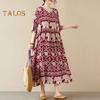 Boho Elephant Floral Print Maxi Dress for Women Oversized Cotton Linen Long Dress Casual Short Sleeve Beach Sundress