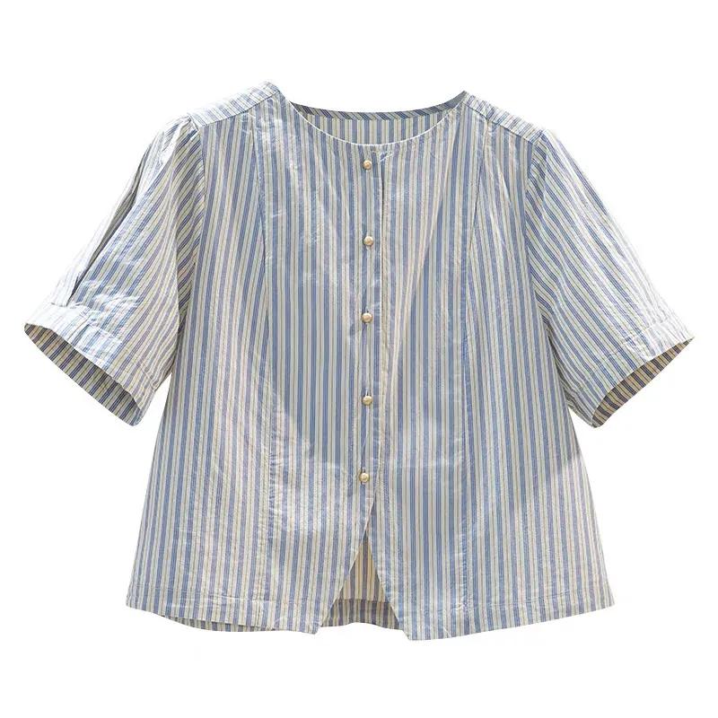 

Women s Casual Striped Blouse Round Neck Short-Sleeve Lightweight Daily Shirts S синій