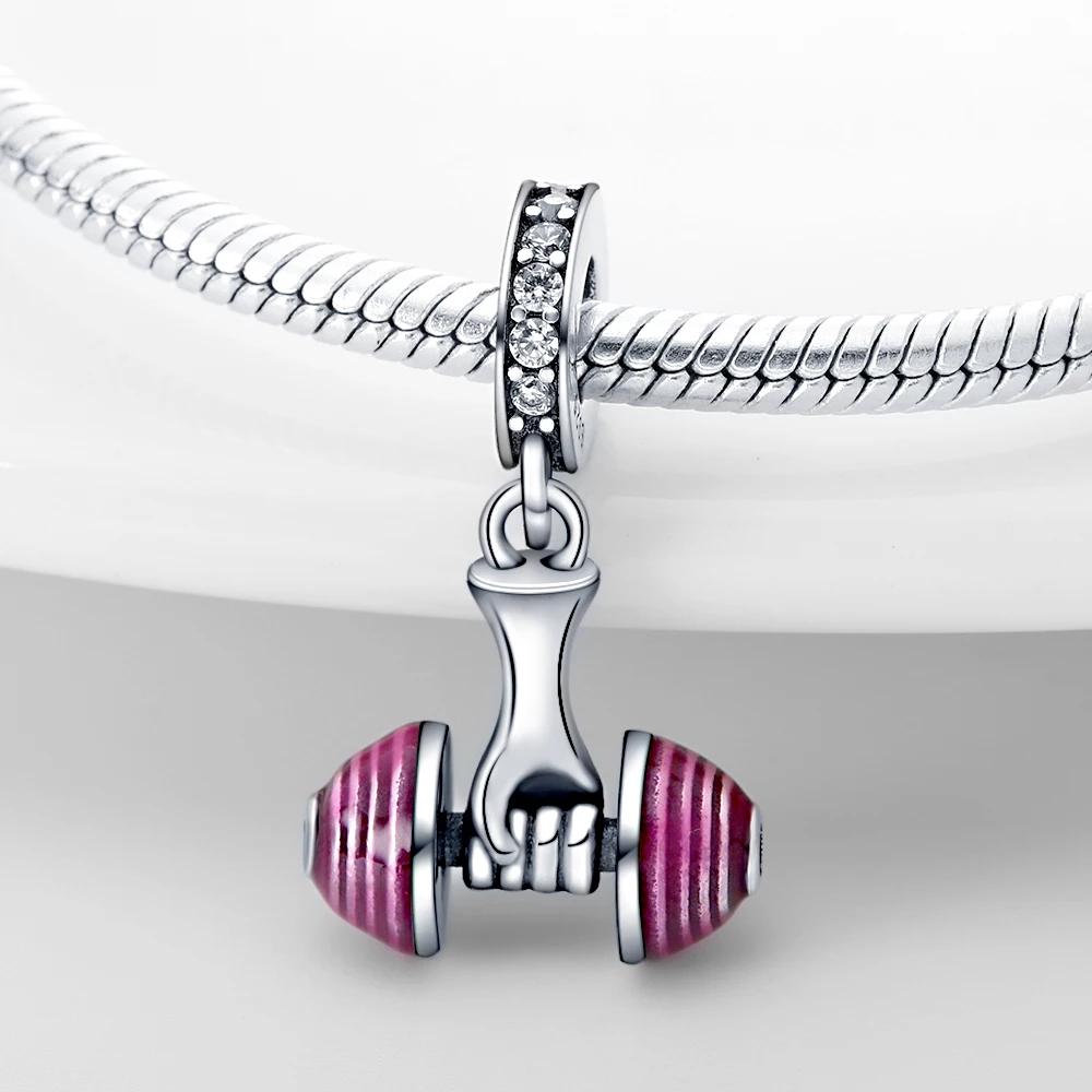 Authentic Charm Bead Charms copper Plated Pink Fitness Dumbbell Pendant Bead Charms Compatible With Bracelets Women Jewellery Making Diy Gift