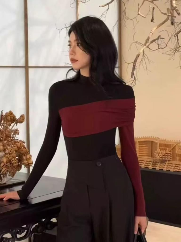 Korean Style Color Block Turtleneck Long Sleeve Women's Top - 2025 Autumn/Winter Collection