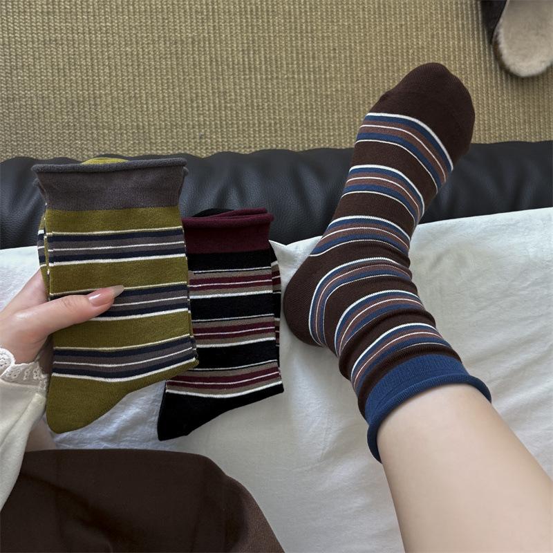 Autumn and Winter Socks for Women, Retro Hong Kong-style Striped Pure Cotton Mid-calf Socks, Boneless Rolled Edge Color-blocking Pile Socks