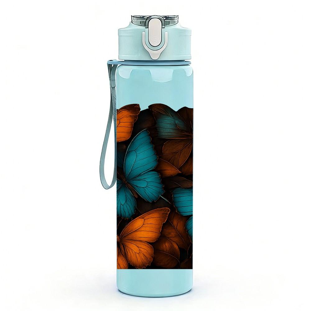 1PC Orange Teal Butterfly Mosaic Art Print 750ml Color Plastic Sports Water Bottle Leakproof Flip Straw Lid Suitable for Sports Office Home Use