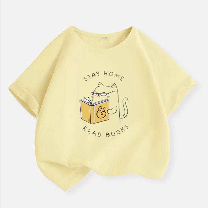 Cat Reading T-shirt for Girls Cotton Kids T Shirt Cartoons Children Casual Clothes Teen Baby Girl Summer Y2K Tops 2-14 Year
