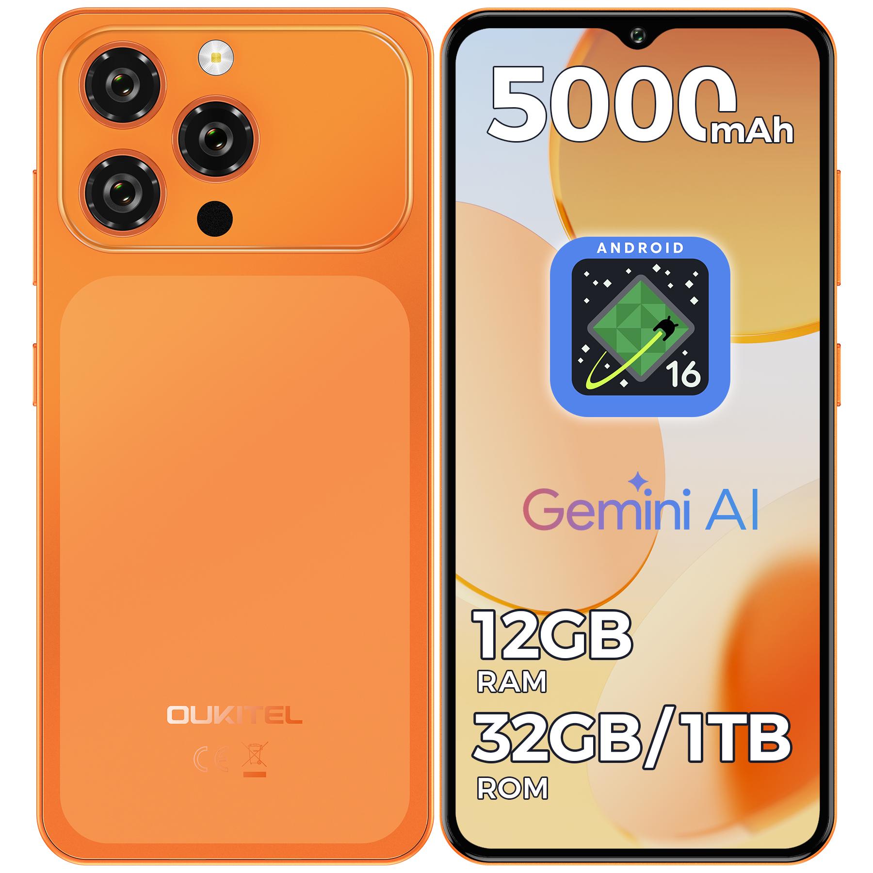 OUKITEL C17 Téléphone Portable Android 16 Débloqué 2026-12 Go+32 Go/16 Go+64 Go/16 Go+128 Go, Écran 6,52'' Goutte d'eau, Smartphone 5000 mAh, 13MP+5MP, Prise Jack 3,5 mm / GPS orange