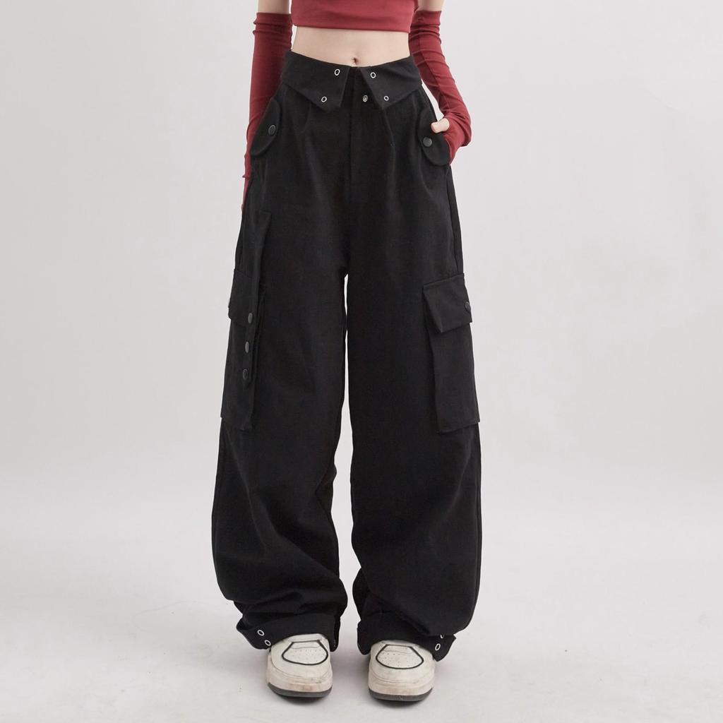 2024 Hong Kong-Style High-Waisted Slim Retro Overalls with Cuffed Design - Loose Fit Straight Pants for Spring and Fall