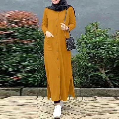 Middle East Muslim Long Sleeve Solid Color Shirt Dress with Side Split