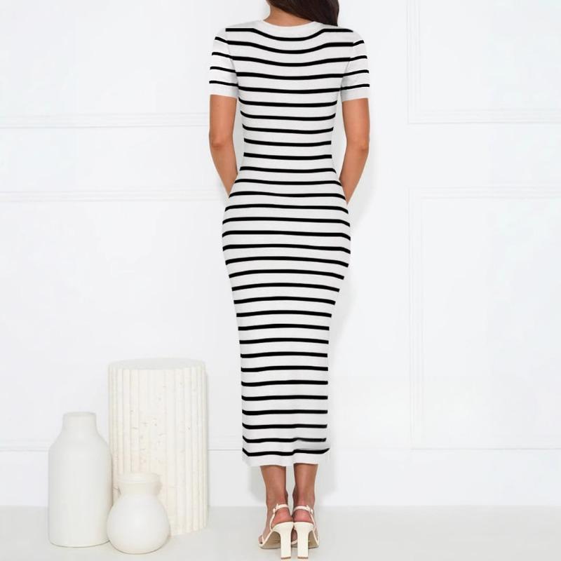 Women's Summer Sexy Knitted Striped Splicing Short Sleeve U Neck Long Dress