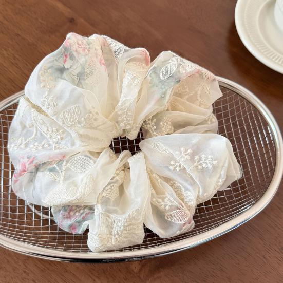 Hair Tie Embroidery Flower Pattern Mesh Yarn Large Hair Scrunchy Soft Elastic Ponytail Holder Non-Slip Hair Accessory