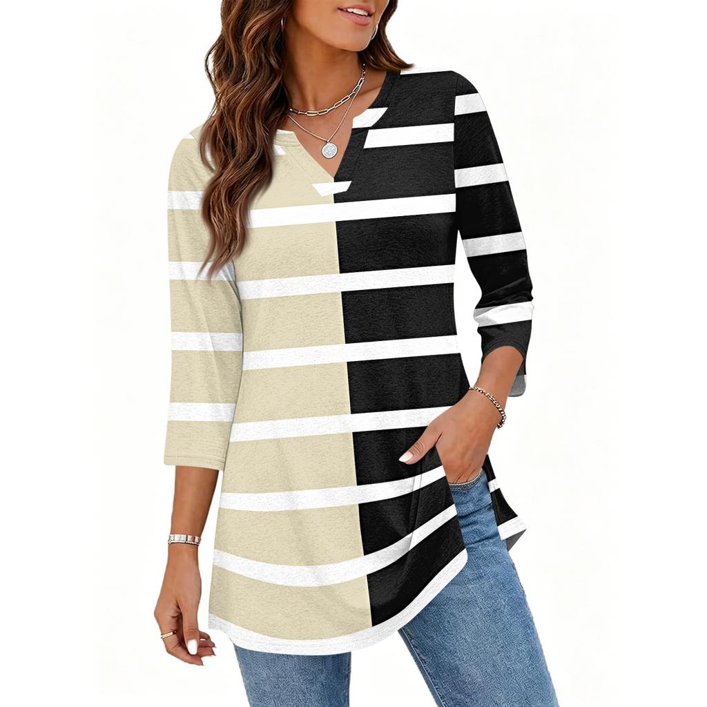Damen V-Ausschnitt 3/4 Ärmel Pullover Tunika Oberteil mit Streifenmuster Lockerer Schnitt Lässige Mittellange Bluse für den täglichen Gebrauch