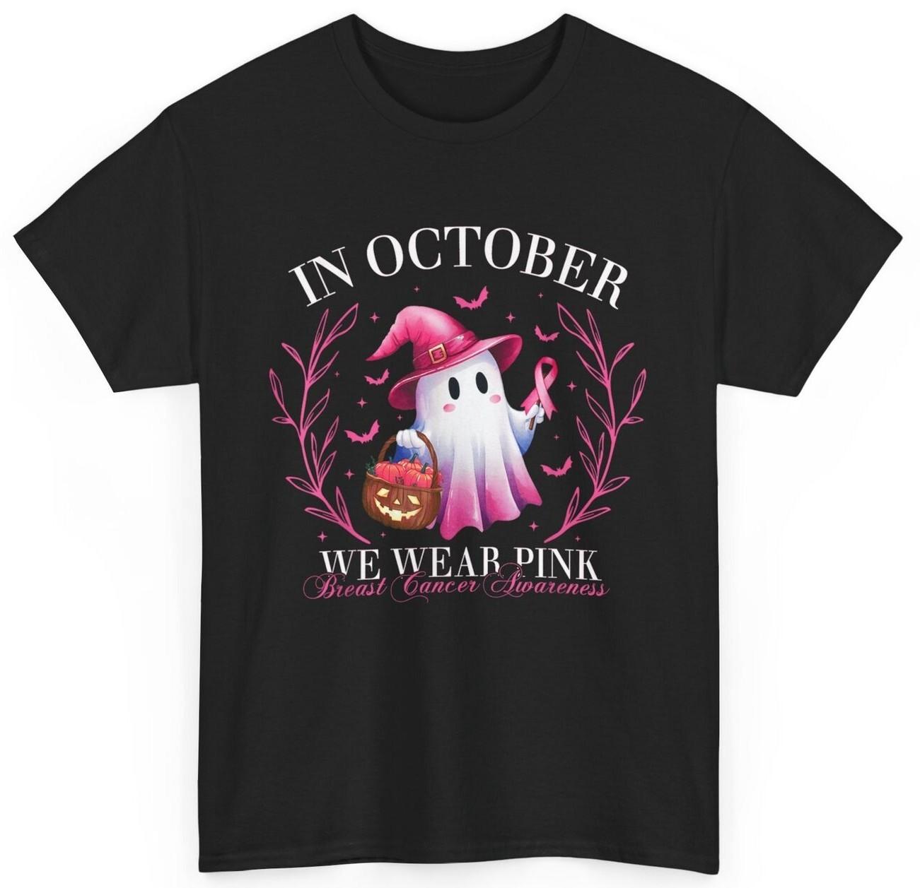 In October We Wear Pink Ghost Witch Breast Cancer Awareness T-shirt S