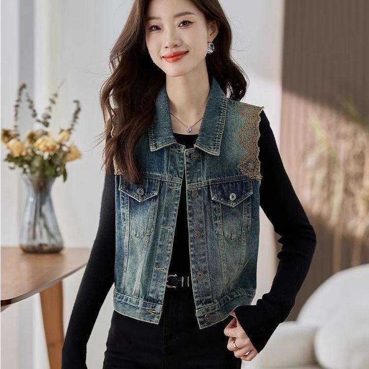Embroidered Denim Vest Jacket for Women Spring Autumn Sleeveless Chic Short Top