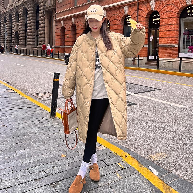 Neue Lange Rhombus Overknee Daunen Baumwollkleidung Kapuzenverdickt Warm Locker Jacke
