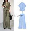 Lapel Curling Short Sleeve Linen Blend Travel Hunting Shirts 2273996 High Waist Wide Leg Pants 2116996