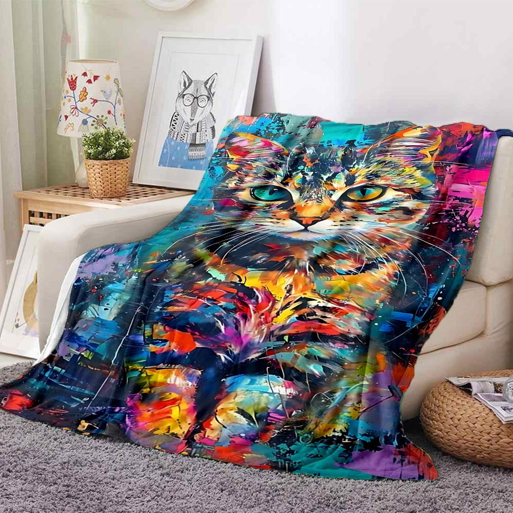 1pc Colorful Cat Art Print Blanket Lightweight Flannel Blanket Throw Blanket For Sofa, Bed, Travel, Camping, Livingroom, Couch, Chair, And Bed Yy25090
