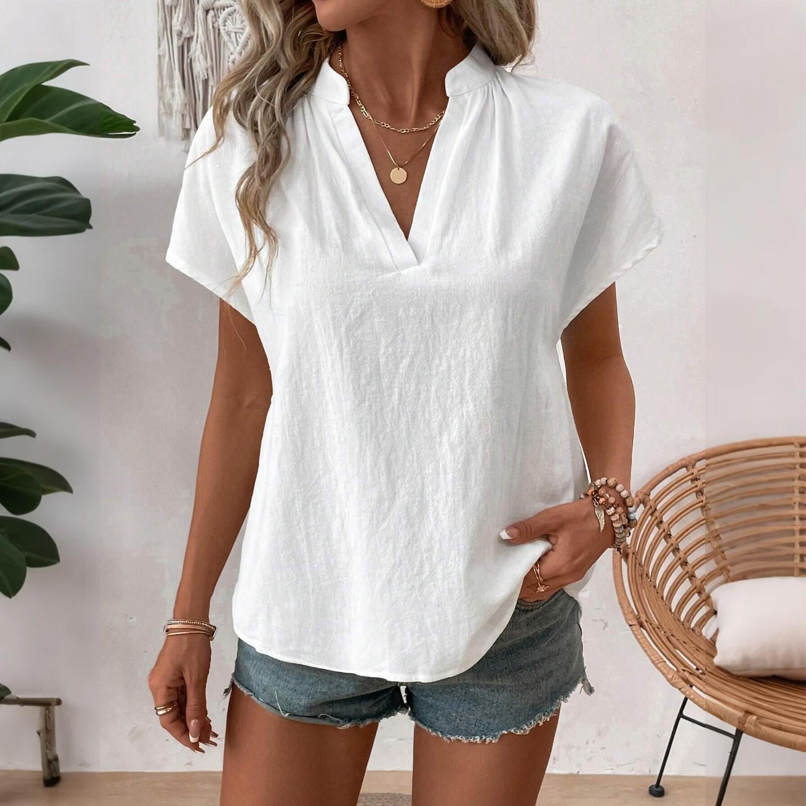 

Womens Tops Short Sleeve Dressy Casual Blouses Blouses For Women Trendy O-Neck Plain Casual TopS XL білий