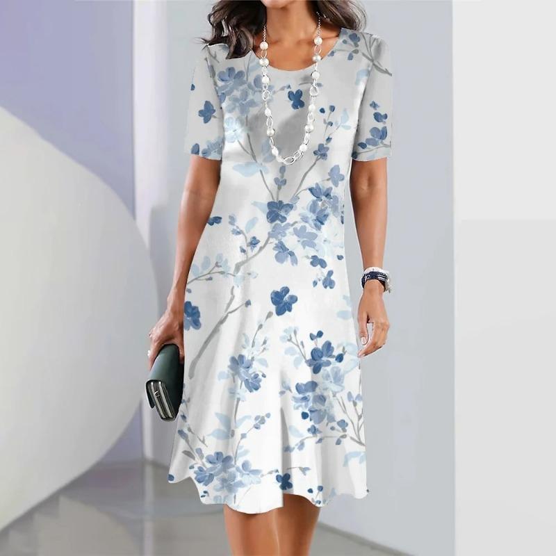 Elegant Floral Print Midi Dress Summer Women's Loose A-Line Dress Digital Printing Round Neck Short Sleeve Comfortable Fit