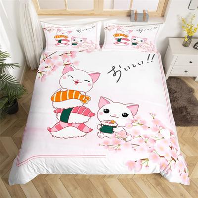Kreskówkowy Pokrowiec na Kołdrę Sushi Jedzenie Twin Dla Dzieci Nastolatków Mikrofibra Japońska Kuchnia Zestaw Pościeli Kawaii Kot Kwiaty Wiśni Pokrowiec na Kołdrę