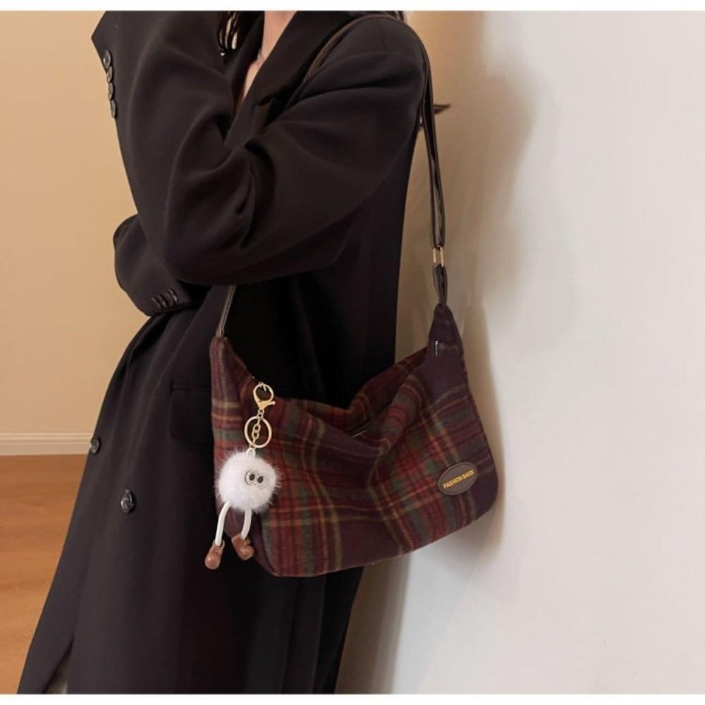 Modna Torba Crossbody z Polarowego Materiału Wzór w Kratkę Zamek Błyskawiczny Torba Podręczna Duża Pojemność Koreański Styl Torby na Ramię Codzienne Użycie