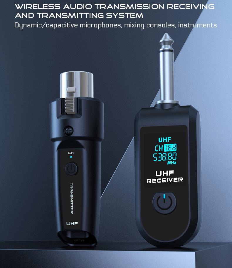 Wireless System Power Amplifier with Transmitter, Receiver, Dynamic Microphone, and Condenser for Musical Instruments.