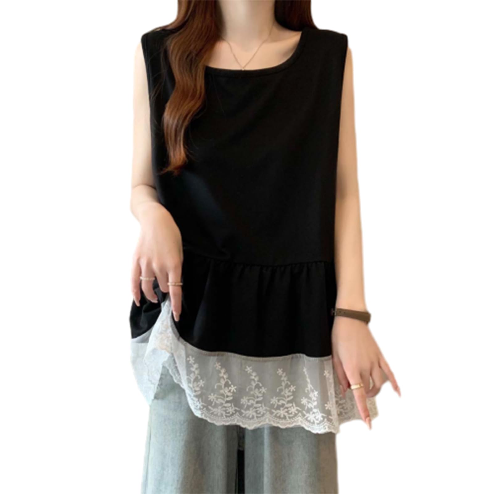 

Round Sleeveless Tank Solid Loose Plus Everyday [JLBOCMGT] Women s T-Shirt, Neck, Top, Color, Lightweight, Lace, Fit, Sizes, Slimming, Sweet, Wear, чёрный