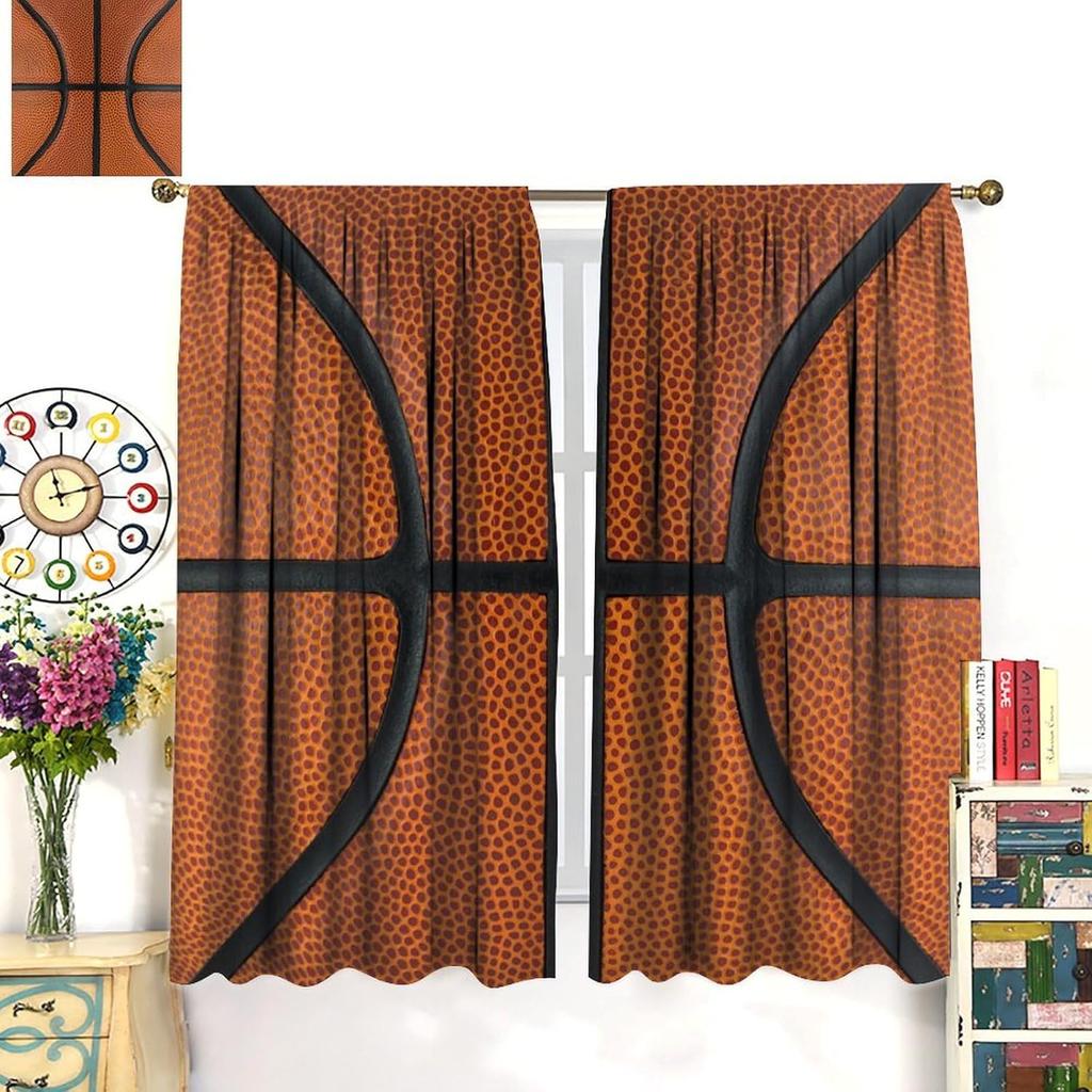 Rustic Basketball Curtain Vintage Texture Traditional Sport Print Window Curtains Kids Boys Teens With Rod Pocket Polyester