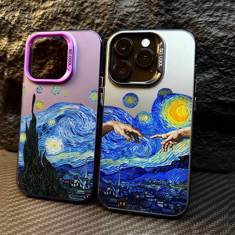 Van Gogh Oil Painting Electroplate Silver IMD Phone Case For iPhone 11 12 13 14 15 16 Pro Max 7 Plus X XR Shockproof Back Cover