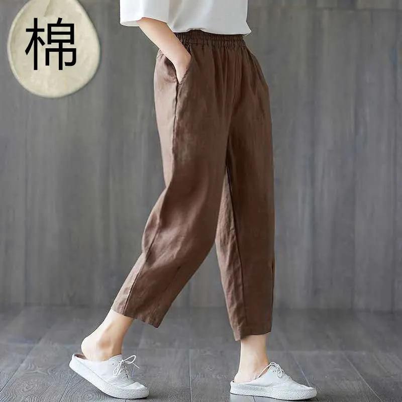 Spring Summer Casual Cotton Linen Pants Women Elastic Waist Solid Pockets Retro Loose Women's Harem Pants Trousers Bottoms