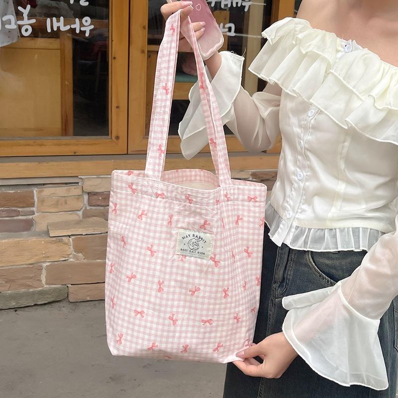 Candy Color Plaid Women's Shoulder Bags Large Capacity Women's Shopping Bag Cute Bowknot Female Travel Handbags Book Tote Purse