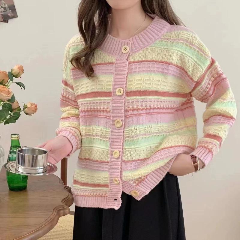 Early Autumn & Winter Women's Korean-Style Loose Striped Outerwear: Versatile Thin Knit Sweater Cardigan Coat