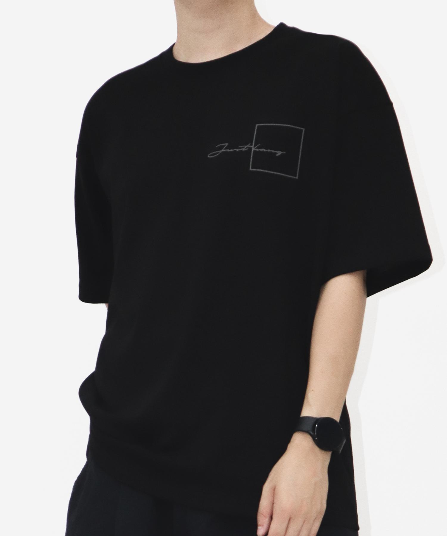 Just Haeng Square Lettering Gray Logo Oversized Black Short Sleeve F