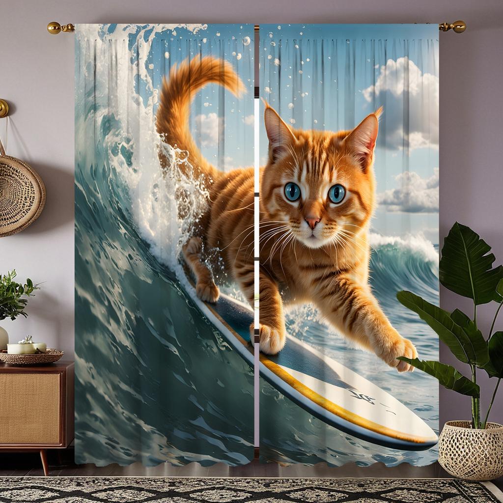 2 stycken högupplöst lek flytande katt rolig bild Dekorativ gardin Blå digitaltryckt gardin heminredningsstil