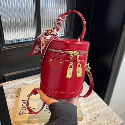 High End Wine Red Chic Double Zipper Design Bucket Bag  New Ladies Ribbon Crossbody Bags Fashion Versatile Women's Handbag