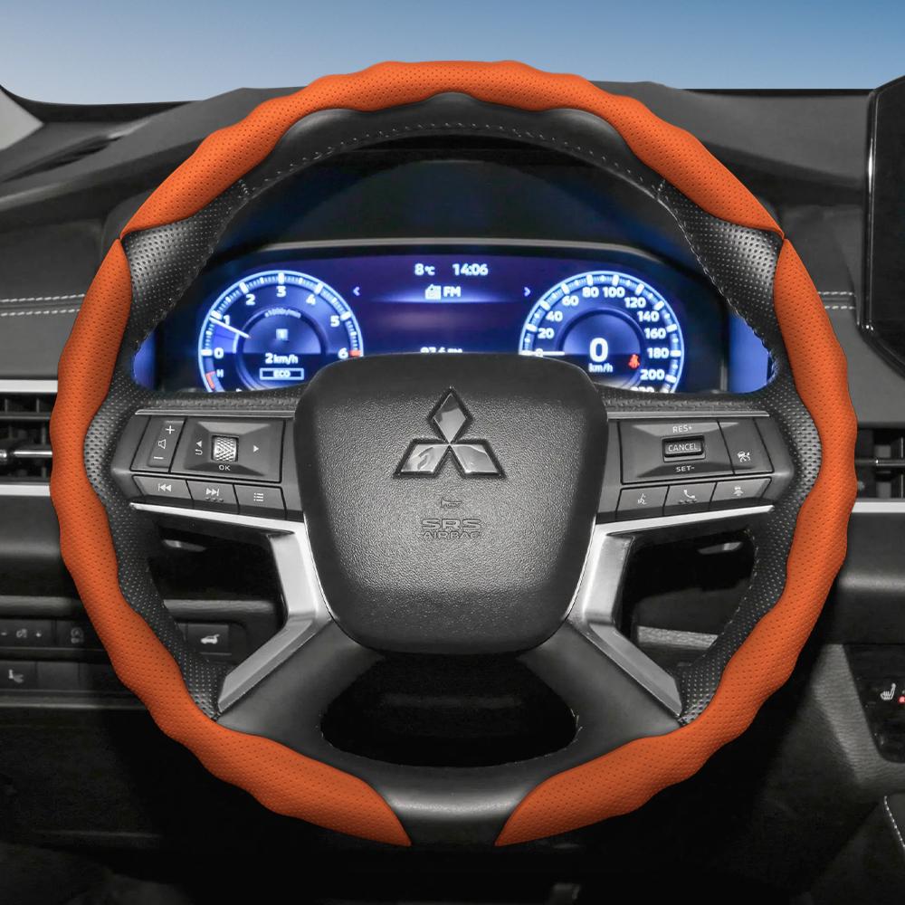Suitable for Mitsubishi Steering Wheel Cover with Wavy Sports Design, Breathable Leather, Segmented, Non-Slip, Sweat-Absorbent, Suitable for Outlander