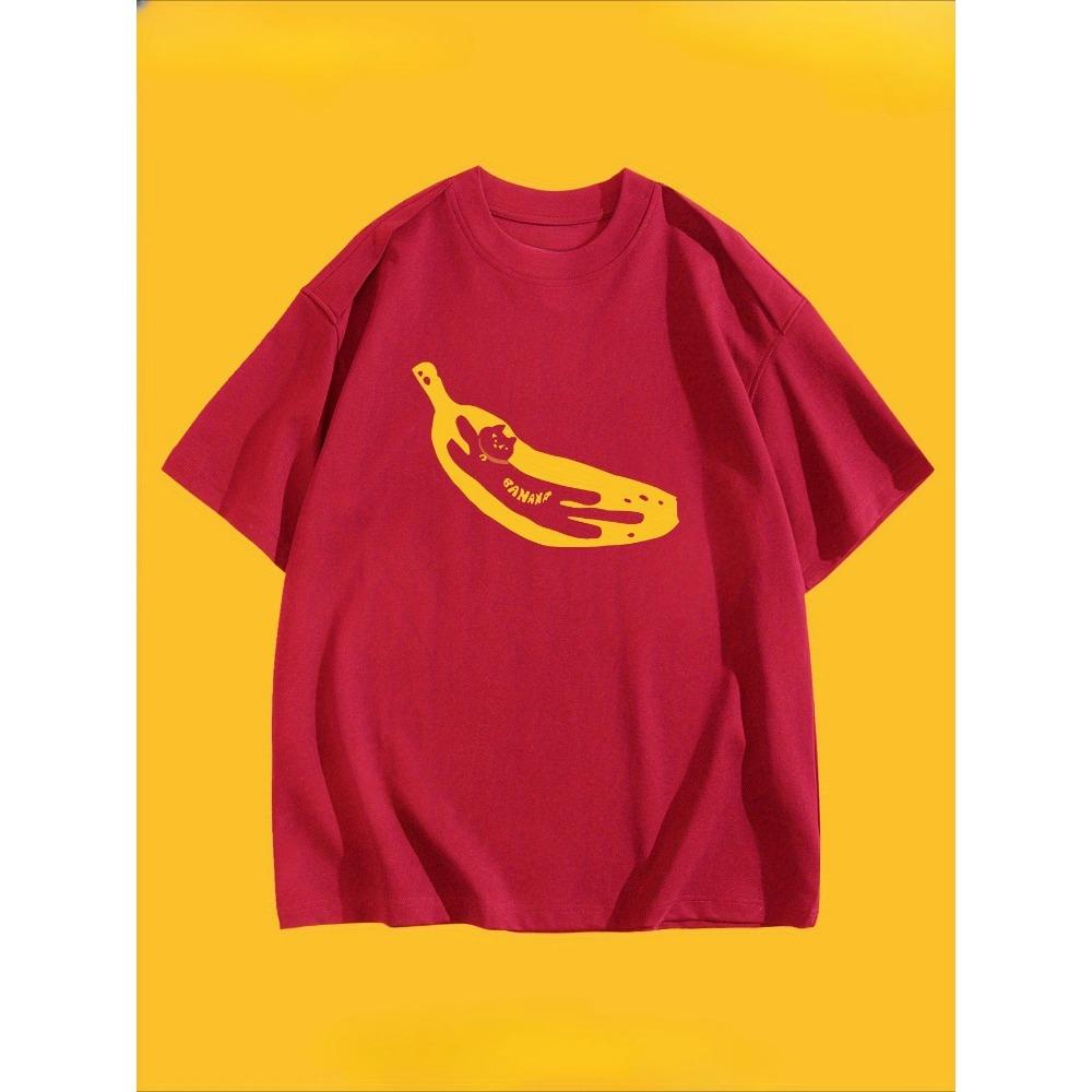 Creative Cat Banana Pattern Printed Summer Women's T-shirt Top Short Sleeve Round Neck Casual Women's Clothing