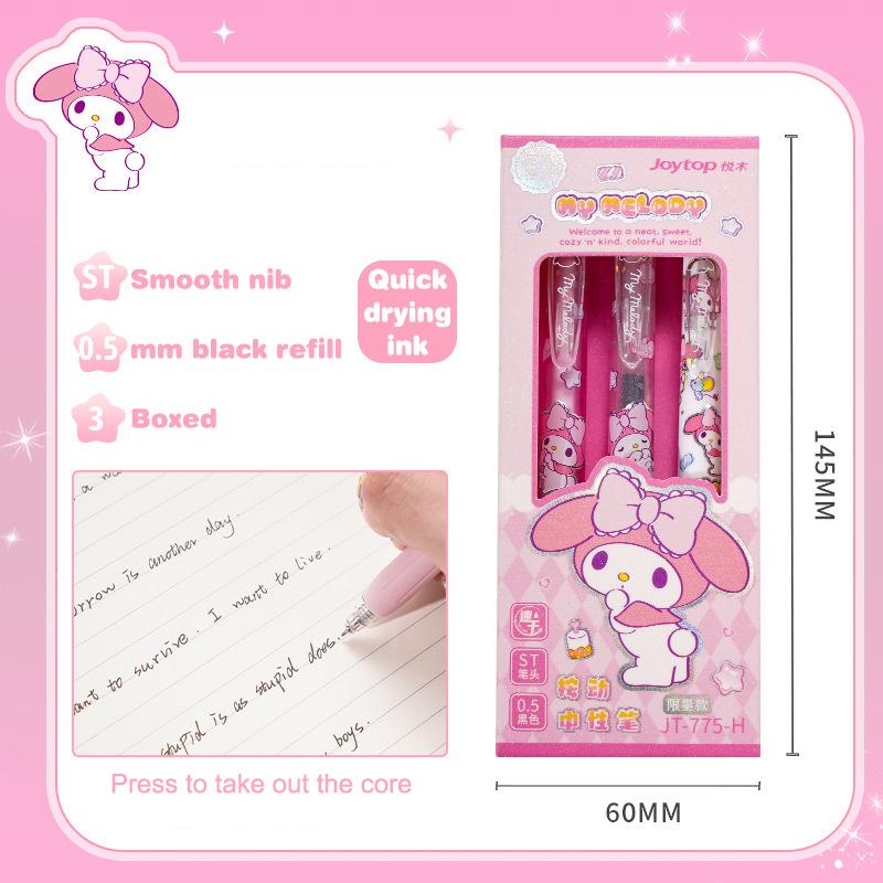 3Pcs/Box Kawaii Kuromi Melody Pressing Gel Pens Set Cute Cartoon 0.5Mm Black Ink Neutral Pens Student Stationery Office Supplies